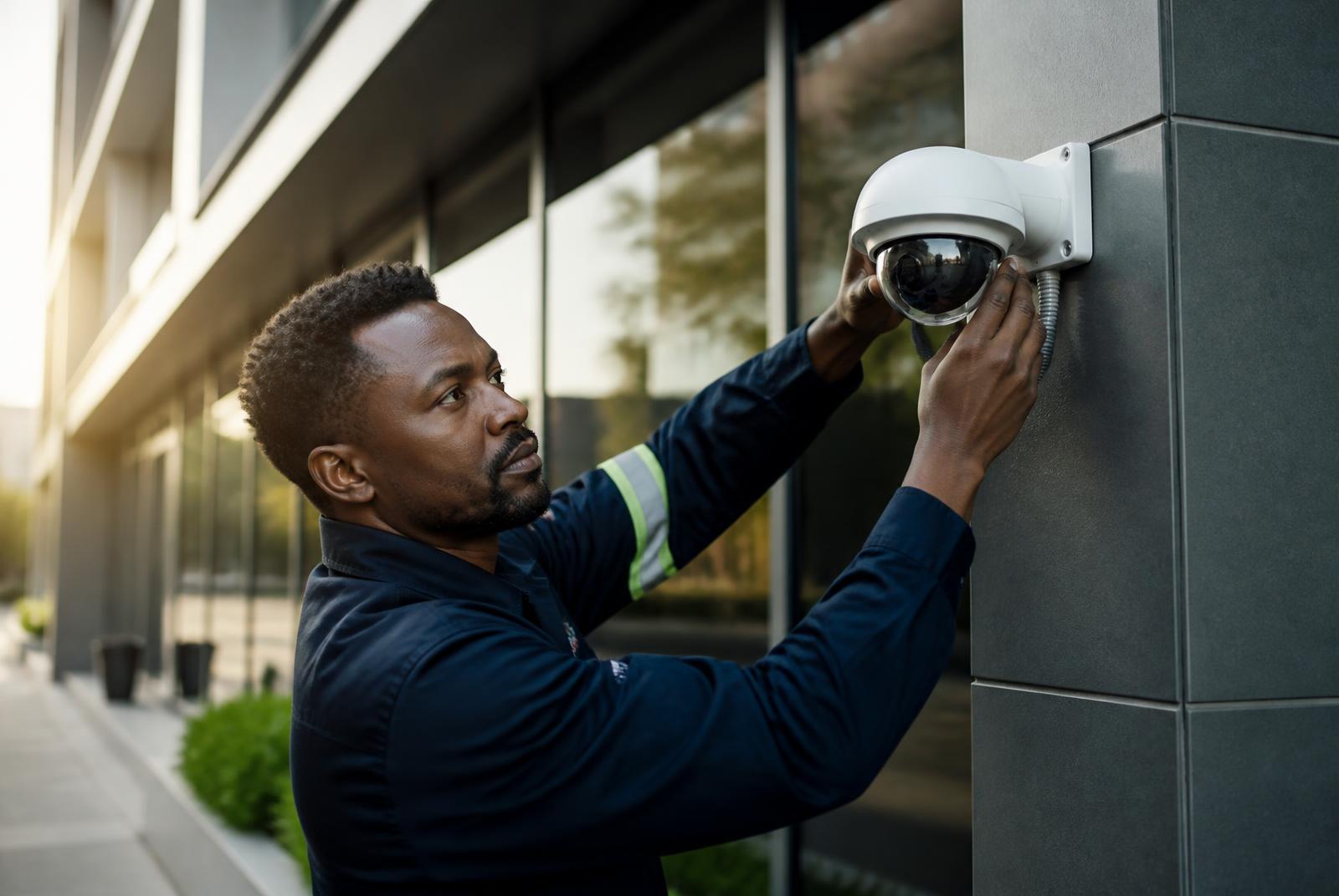 CKPK technician mounting a dome CCTV camera on an office building